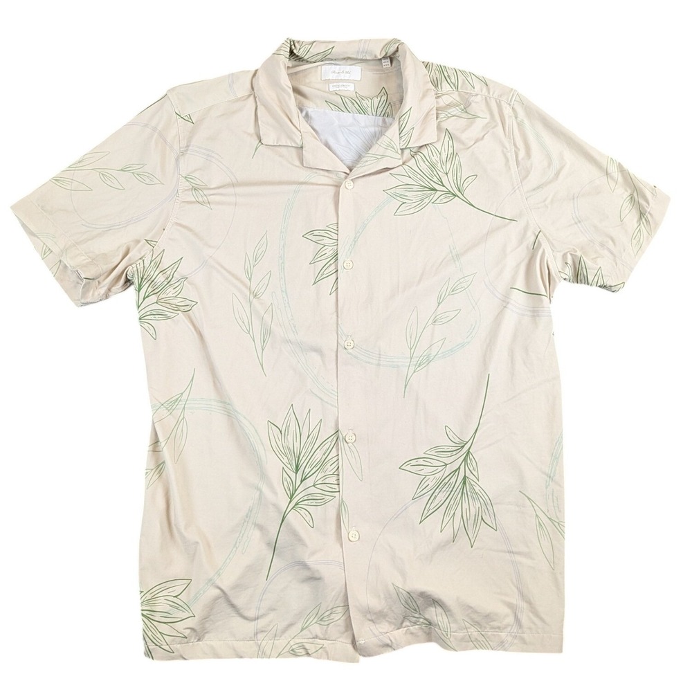 Porter & Ash Mens XL Kinetic Stretch Shirt Tan Green Leaf Print Short Sleeve